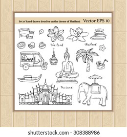 Vector set of hand drawn doodles on the theme of Thailand. Illustrations of Thailand symbols. Sketches for use in design, web site, packing, textile, fabric