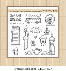 Vector set of hand drawn doodles on the theme of United Kingdom. United Kingdom symbols - flag, big Ben, the London eye, bus, corona, phone booth. Sketches for use in design, packing, textile, fabric