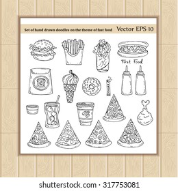 Vector set of hand drawn doodles on the theme of fast food. Flat illustrations of food and drinks. Sketches for use in design, web site, packing, textile, fabric