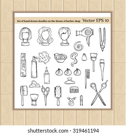 Vector set of hand drawn doodles on the theme of barber shop. Illustrations of hair salon symbols. Sketches for use in design, web site, packing, textile, fabric