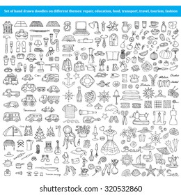 Vector Set Of Hand Drawn Doodles On Different Themes - Repair, Education, Food, Transport, Travel, Tourism, Fashion. Flat Illustrations For Use In Design