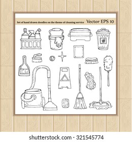 Vector set of hand drawn doodles on the theme of cleaning service. Illustrations of cleaning service symbols. Sketches for use in design, web site, packing, textile, fabric