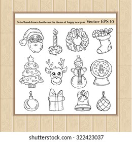 Vector set of hand drawn doodles on the theme of happy new year. Sketches for use in design, web site, packing, textile, fabric