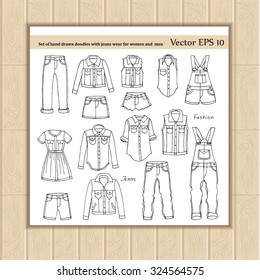 Vector set of hand drawn doodles with jeans wear for women and men -  jeans, skirt, shorts, shirt, jacket, dress, jacket, coveralls. Sketches for use in design, web site, packing, textile, fabric