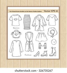 Vector set of hand drawn doodles of ladies fashion. Illustrations of women's clothing. Sketches for use in design, web site, packing, textile, fabric