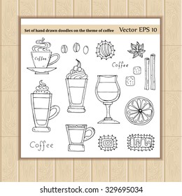 Vector set of hand drawn doodles on the theme of coffee. Illustrations of coffee drinks. Sketches for use in design, web site, packing, textile, fabric