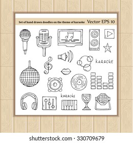 Vector set of hand drawn doodles on the theme of karaoke. Illustrations with music symbols. Sketches for use in design, web site, packing, textile, fabric