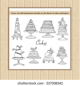Vector set of hand drawn doodles on the theme of cakes and confectionery. Sketches for use in design, web site, packing, textile, fabric