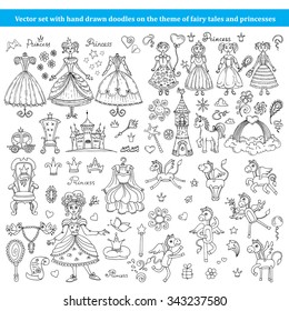 Vector set with hand drawn doodles on the theme of fairy tales. Illustrations with cartoon princesses and horses. Sketches for use in design