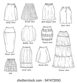 Vector set of hand drawn doodles of women's clothes including different types of skirts