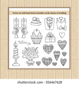 Vector set with hand drawn doodles on the theme of wedding, Valentine's Day, love. Vector templates. Illustrations for use in design