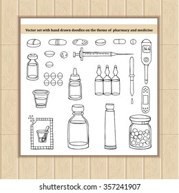 Vector set with hand drawn doodles on the theme of pharmacy, medicine, heath. Sketches for use in design, web site, packing, textile, fabric