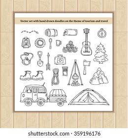 Vector set with hand drawn doodles on the theme of tourism and travel. Sketches for use in design, web site, packing, textile, fabric