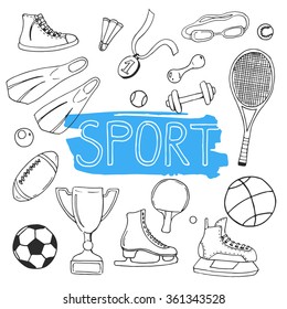 Vector set of hand drawn doodles. Sport icons. Sketch. Linear vector illustration.