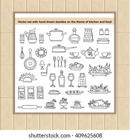 Vector set with hand drawn doodles on the theme of kitchen and food. Flat illustrations of tableware and dishes. Sketches for use in design, web site, packing, textile, fabric