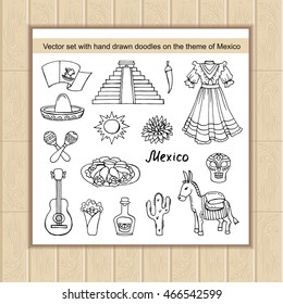 Vector set of hand drawn doodles on the theme of Mexico. Illustrations of travel and tourism symbols. Sketches for use in design, web site, packing, textile, fabric