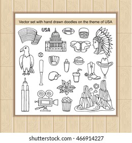 Vector set of hand drawn doodles on the theme of United States of America. Illustrations of travel and tourism symbols. Sketches for use in design, web site, packing, textile, fabric