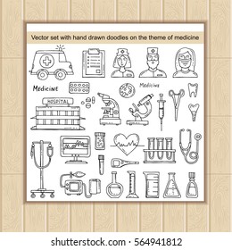 Vector set with hand drawn doodles on the theme of medicine, medical equipment, hospital, health. Sketches for use in design, web site, packing, textile, fabric