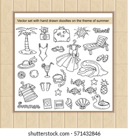 Vector set with hand drawn doodles on the theme of summer, recreation, travel and tourism. Sketches for use in design, web site, packing, textile, fabric