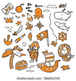 Vector set of hand drawn doodles of marine objects