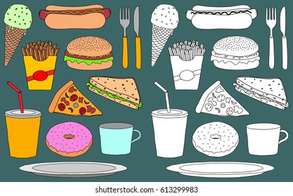 Vector set of hand drawn doodles of snack food and drinks, both colour and white fill, isolated on background