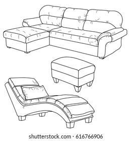 Vector set with hand drawn doodles of sofas on white background. Set with isolated upholstered furniture. Sketches for use in design