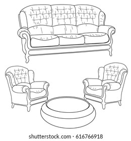 Vector set with hand drawn doodles of sofas on white background. Set with isolated upholstered furniture. Sketches for use in design