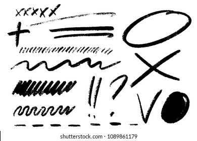 Vector set of hand drawn dry brush strokes and signs.