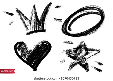 Vector set of hand drawn dry brush symbols. Black charcoal hand drawn crown, heart, star and circle images. Hand drawn icons.