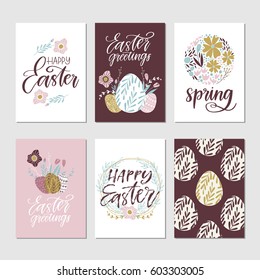 Vector set of hand drawn Easter greeting cards. Happy Easter. Great print for invitations, posters, tags. Vintage colors