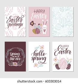 Vector set of hand drawn Easter greeting cards. Happy Easter. Great print for invitations, posters, tags. Vintage colors