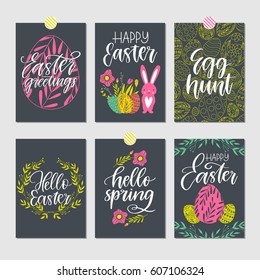 Vector set of hand drawn Easter greeting cards. Happy Easter. Great print for invitations, posters, tags. Vintage colors