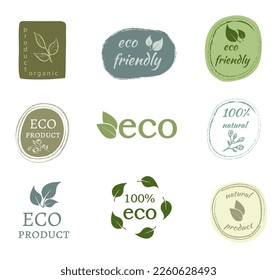 Vector set of hand drawn eco logos and emblems of organic food, natural products, advertising badges collection, organic product promotion, healthy lifestyle. isolated on white background