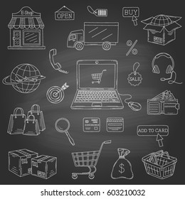 Vector set of hand drawn e-commerce icons set isolated on chalkboard background.