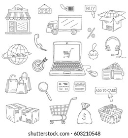 Vector set of hand drawn e-commerce icons set isolated on white background.