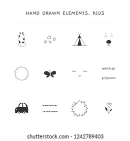 Vector set of hand drawn elements. Illustrations for children related business branding and identity. For professional nanny, kids club, camp or shop. Black on white icons.