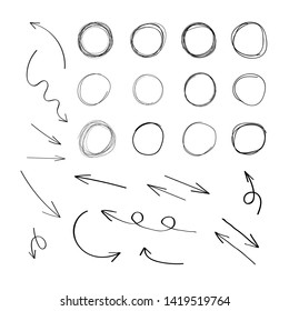 Vector Set of Hand Drawn Elements, Scribble Circles and Arrows, Black Drawings Isolated on White Background.