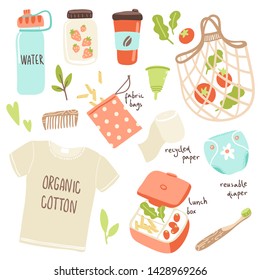 Vector set with hand drawn elements of zero waste life.  No plastic. Go green, stop pollution