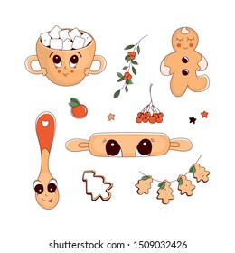 Vector set with hand drawn elements on the theme of Christmas bakery 
