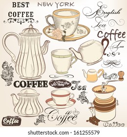 Vector set of hand drawn elements cups, teapots and other for retro design