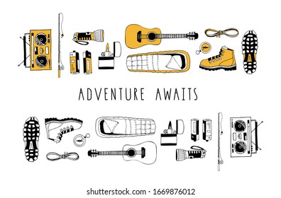 Vector set of hand drawn elements isolated on white. Camping. Boots, flashlight, rope, guitar, sleeping bag, compass, boombox radio receiver, fishing rod. Lettering. Minimal black. Contour and color