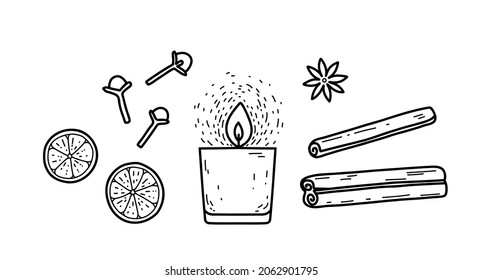 Vector set with hand drawn elements - lighted candle, spices, cinnamon rolls, clove, star anise, orange slices. 