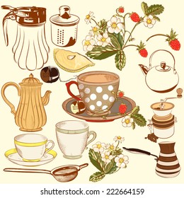 Vector set of hand drawn elements cups, teapots and other for retro design 