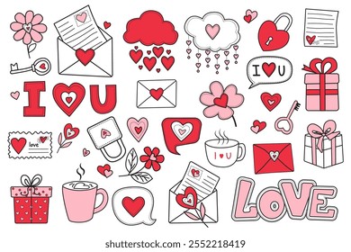 Vector conjunto de Elementos dibujados a mano para el día de San Valentín. Regalos, corazón, nubes, sobre, carta, flores, letras y otras decoraciones. Estilo de dibujos animados. Perfecto para pegatinas y tarjetas de felicitación.