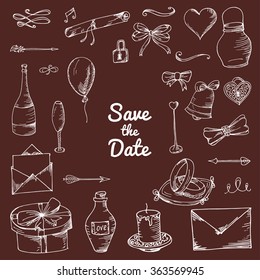 Vector set of hand drawn elements. Doodle love collection. Set of icons for Valentine's Day, Save the Date, wedding objects