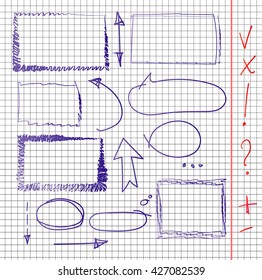 vector set of hand drawn elements  (frames, marks,speech bubbles, arrows) on copybook page