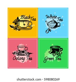 Vector set of hand drawn elements for design. Hand drawn labels, emblems for black, oolong, white, green tea package. Square stickers 