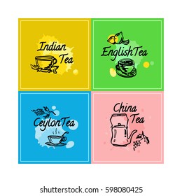 Vector set of hand drawn elements for design. Hand drawn labels, signs, emblems for indian, english, red, ceylon tea package. Square stickers 