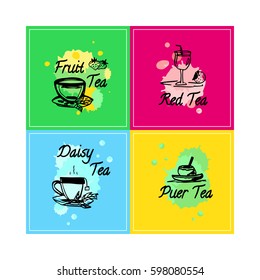 Vector set of hand drawn elements for design. Hand drawn labels, signs, emblems for puerh, daisy, indian, fruit tea package. Square stickers 