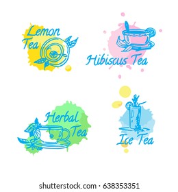 Vector set of hand drawn elements for design. Hand drawn labels, signs, emblems for ice, lemon, herbal, hibiscus tea package. Blue color sketch